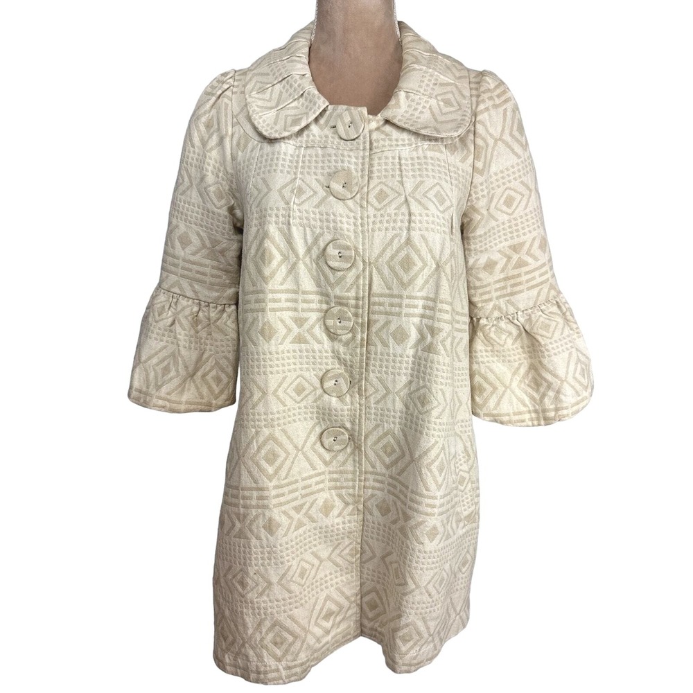 Ryu Anthropologie Mid Length Jacket Sz Sm Puff Sleeve Neutral‎ Aztec Coat Boho